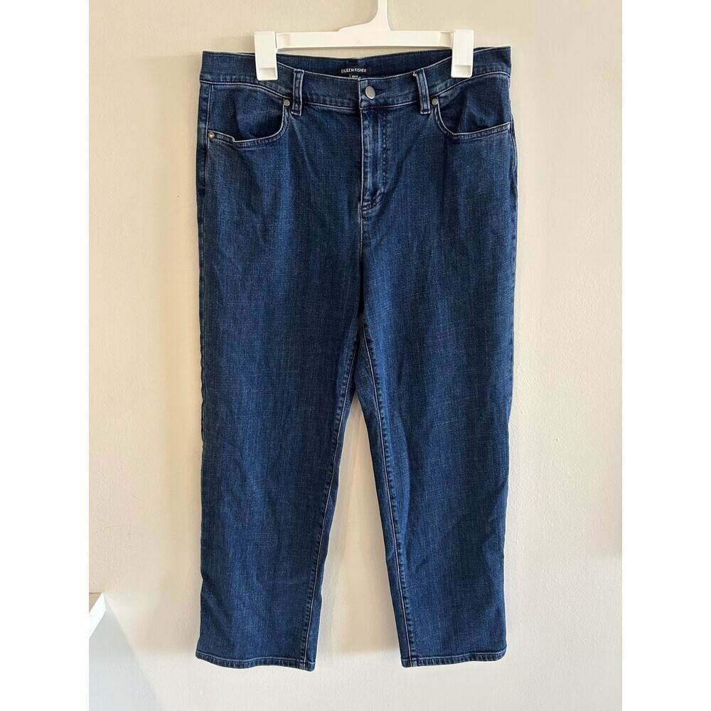 Eileen Fisher Denim Jeans Womens Size M Dark Wash Straight Leg Stretch Classic